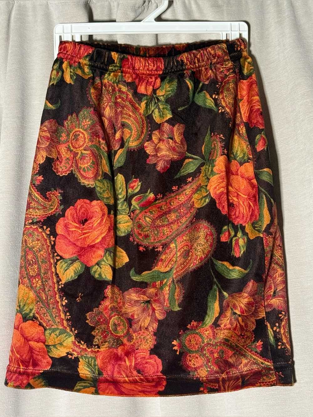 Vtg Notations Brown Poly Velvet Paisley Floral A-Line Skirt, Made in USA, Size S